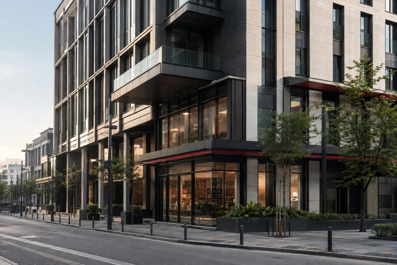 Modern ofis ve mağaza kullanımlarını birleştiren ticari gayrimenkul yapısı